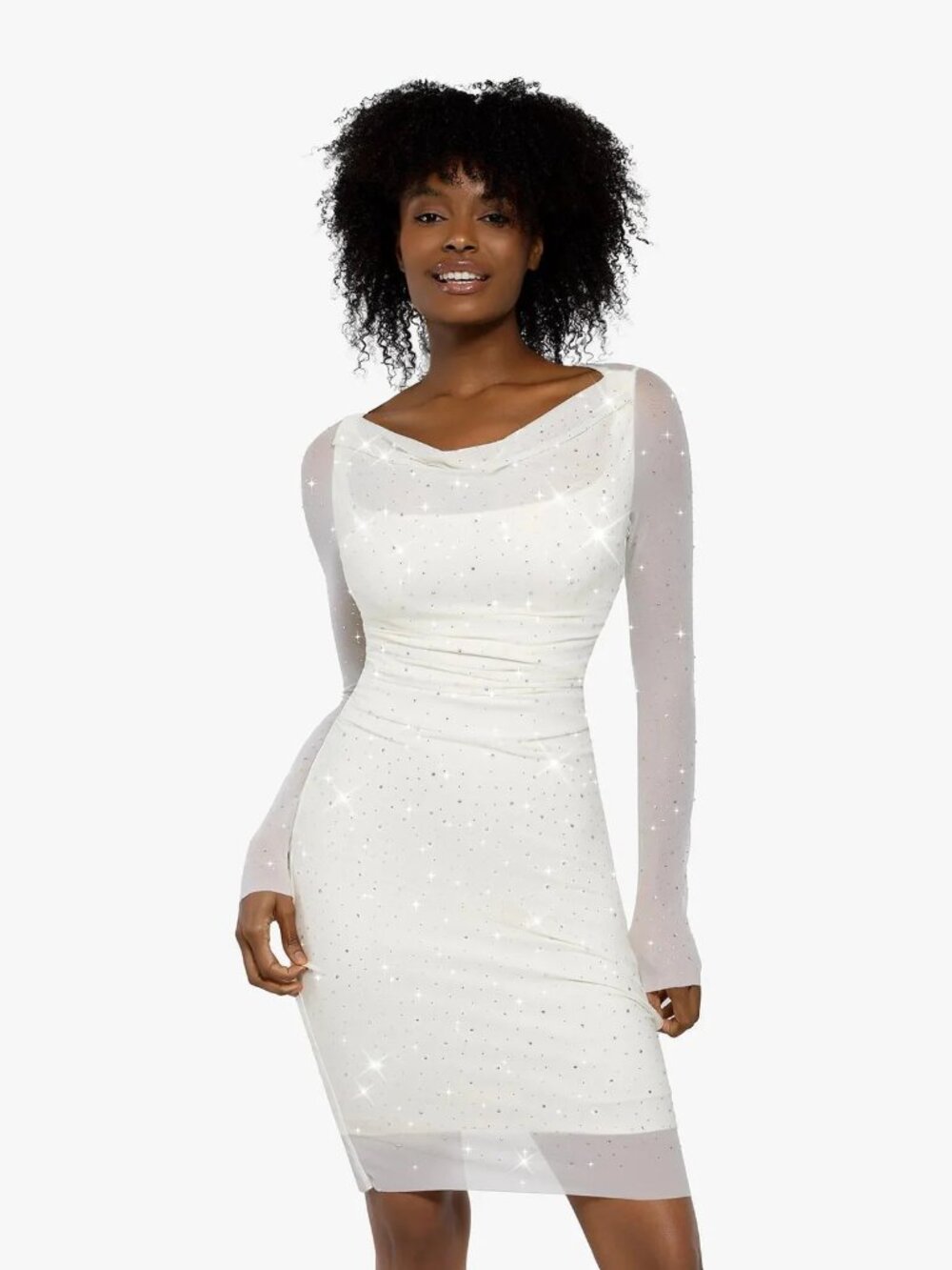 Popilush Shapewear Heat-Set Crystal Mesh Long Sleeve Slim Creamy-WhiteDress